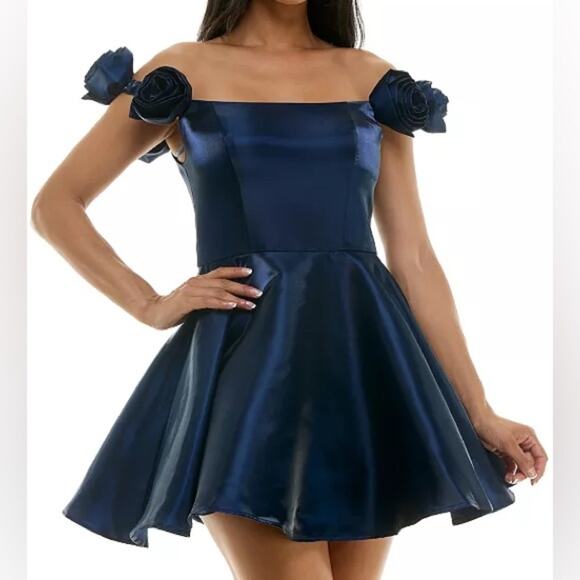 B Darlin Juniors' Rosette Off-The-Shoulder Fit & Flare Dress Navy Sz 13/14 - Picture 1 of 9